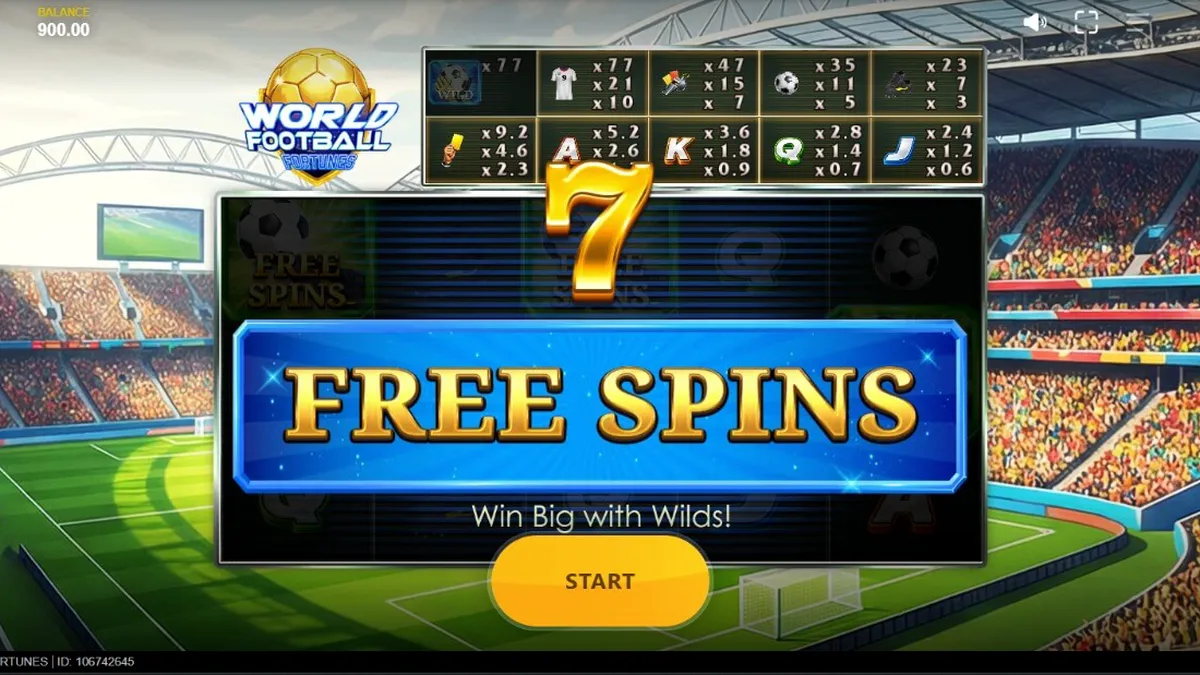 World Football Fortunes slot machine interface with stadium background